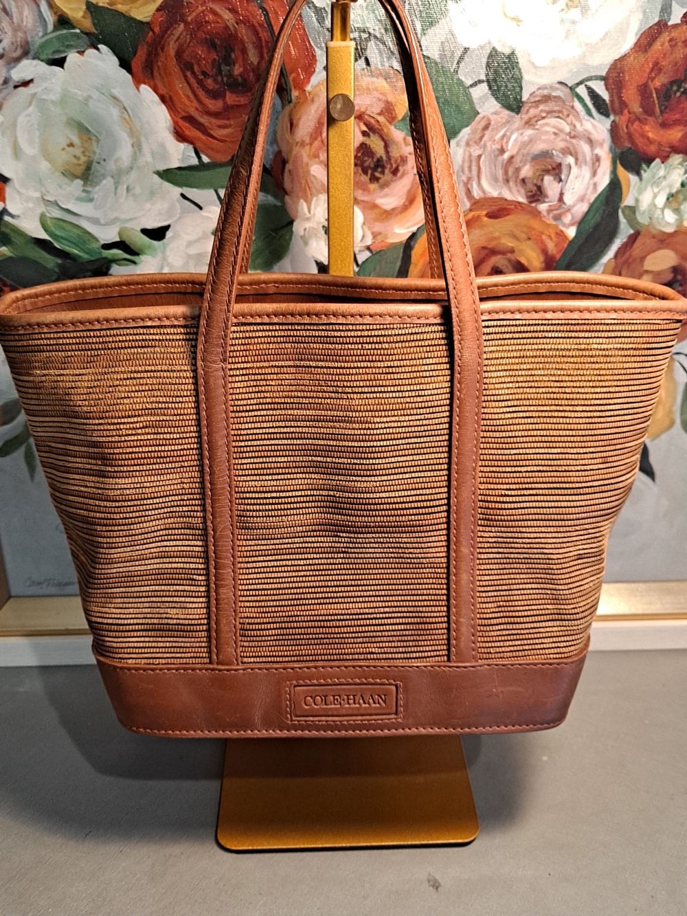 Cole Haan Vintage Rare Preppy Brown Textured Leather Mini Tote & Pouch Set